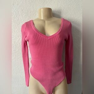 OOTDFash Pink Ribbed V-Neck Bodysuit long sleeve y2k
